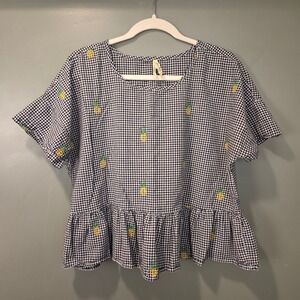 Girl Krazy Women's Pineapple Print Embroidered Gingham Peplum Bouse, Size L